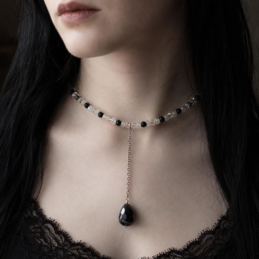 Moonstone & Black Czech Glass Beaded Lariat Choker Necklace with Agate